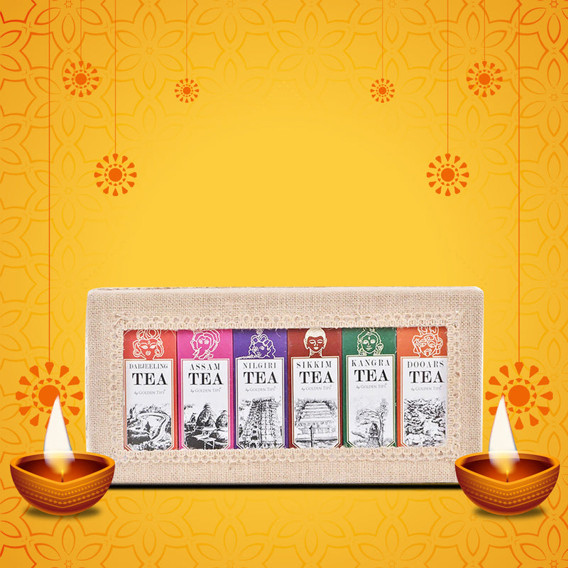 6-in-1 Delightful Teas (Darjeeling, Assam, Nilgiri, Sikkim, Kangra & Dooars) in Handcrafted Jute Box