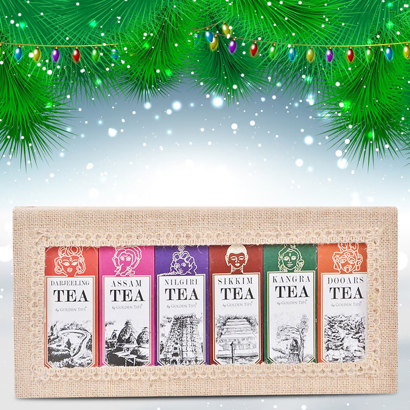 6-in-1 Delightful Teas (Darjeeling, Assam, Nilgiri, Sikkim, Kangra & Dooars) in Handcrafted Jute Box