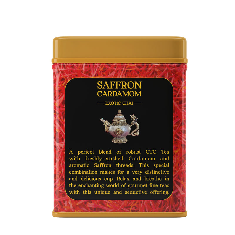 Saffron Cardamom Exotic Chai India's Authentic Spiced Tea - Tin Can (Free Exotic Darjeeling Tea 35g)