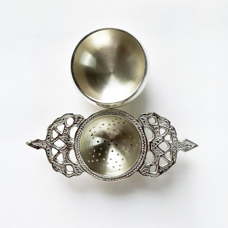 Silver Coated Brass Tea Strainer With a Silver Plated Vintage Stand