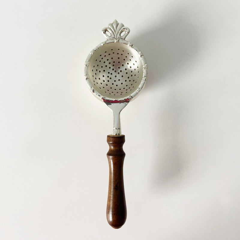 Silver Coated Wooden Handle Brass Tea Strainer With a Silver Plated Vintage Stand