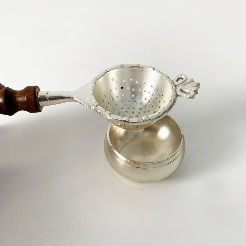 Silver Coated Wooden Handle Brass Tea Strainer With a Silver Plated Vintage Stand