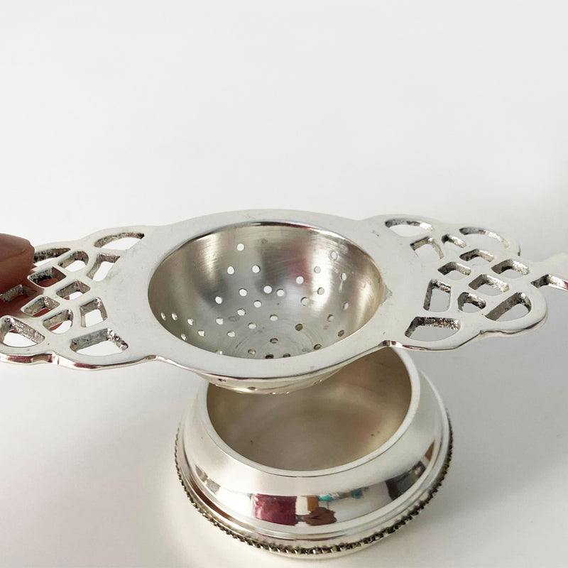 Silver Coated Brass Tea Strainer With a Silver Plated Vintage Stand