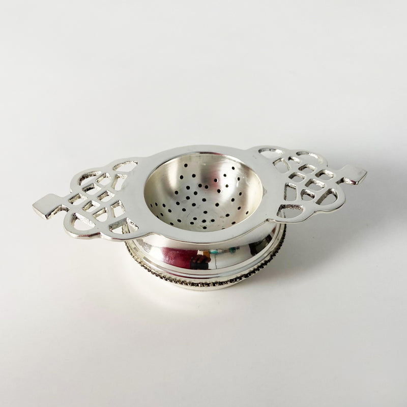 Silver Coated Brass Tea Strainer With a Silver Plated Vintage Stand